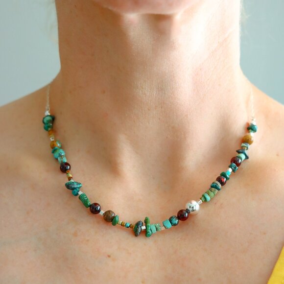 Genuine Arizona Turquoise, Baltic Cherry Amber and 925 Sterling Silver Necklace - Picture 2 of 5